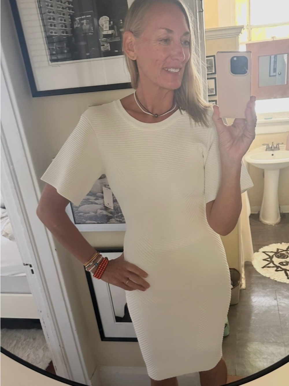 Herve Leger Cream Short-Sleeve Ribbed Midi Dress